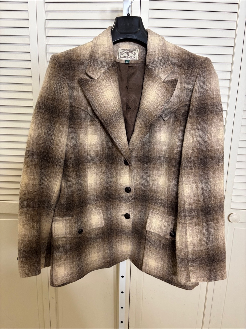 Vintage Lauren Ralph Lauren Brown and Cream Plaid Wool Blazer Size 12